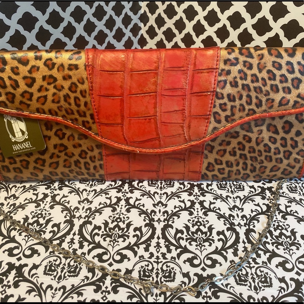 Hananel Red Snakeskin and Leopard Clutch/Purse